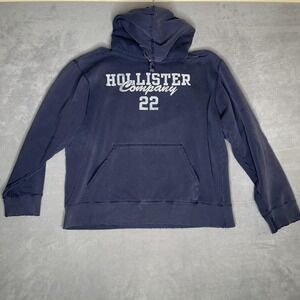 HOLLISTER HOODIE MENS MEDIUM NAVY BLUE‎ DISTRESSED SPELL OUT 22 Y2K SWEATSHIRT